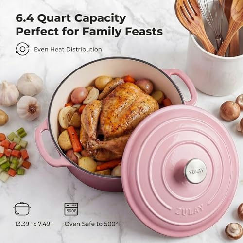 Image of Zulay Kitchen 6.4QT Enameled Cast Iron Dutch Oven Pot with Lid, Heavy-Duty Soup Pot for Stews, Braising, Roasting & Sourdough Bread Baking, Oven Safe up to 500F - Pink