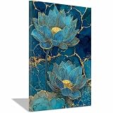 PUQAAEO Lienzos Decorativos Pintura Cuadro Pared Lotus Azul Dorado Estampado Floral Lienzo para Salon Décor Dormitorio Oficina Pasillo Cocina Baño Regalo（Multicolor-40x60cm Enmarcado