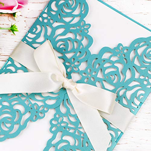 Ponatia 25 Pcs 5.12 X 7.1'' 250Gsm Laser Cut Hollow Rose Wedding Invitations Cards With Ivory Ribbons For Bridal Shower Engagement Birthday Graduation Invitation (Teal Green) #TOP5