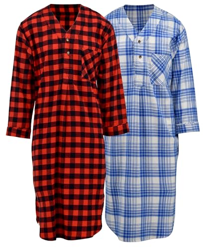 Andrew Scott Men's 2 Pack Lightweight Cotton Flannel Sleep Shirt, Long Henley Nightshirt Pajamas