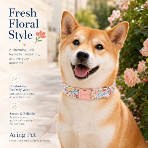 Image of ARING PET Girl Dog Collar for Puppy Small Medium Large Dogs-Wild Floral S | Cute Colorful Floral Heavy Duty Pet Collars with Metal Buckle for XS S M L XL Dogs, for Daily Walk Camping Trip Photoshoots