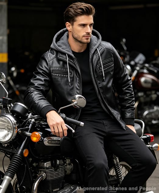 Image of INVACHI Men's Faux Leather Motorcycle Bomber Jacket with Removable Hood
