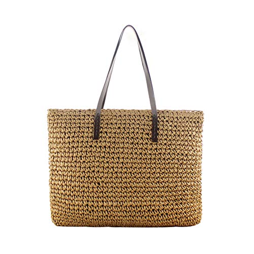 Bolso de mano grande de cuero de playa con cremallera, bolso de hombro de paja tejida a mano para mujer, color Verde, talla M Cover