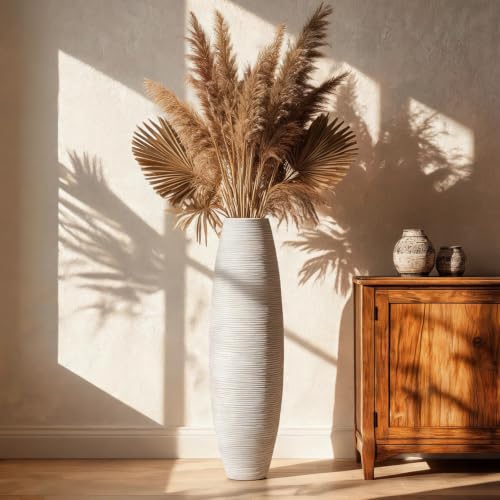 Image of Large Floor Vase 35.4 inch Matte White, Resin Wide-Body Vase with Horizontal Ribbed Texture for Dried Pampas Grass Branches, Modern Home Decor for Living Room Corner Entryway