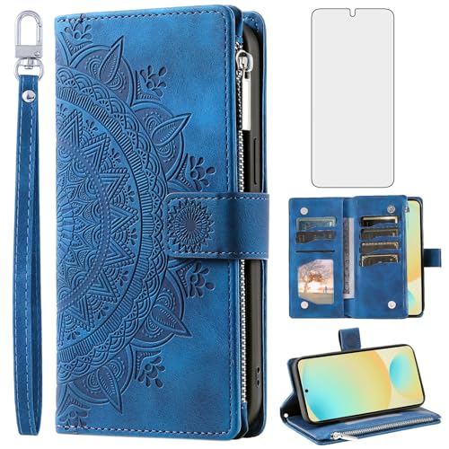 Coque Samsung S24 FE 5G rabat cuir et étui portefeuille zippé bleu