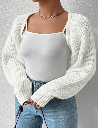 Image of Plus Size Women's Long Sleeve Open Front Crop Cardigan Drop Shoulder Shrug Oversized Ribbed Knit Bolero Sweater