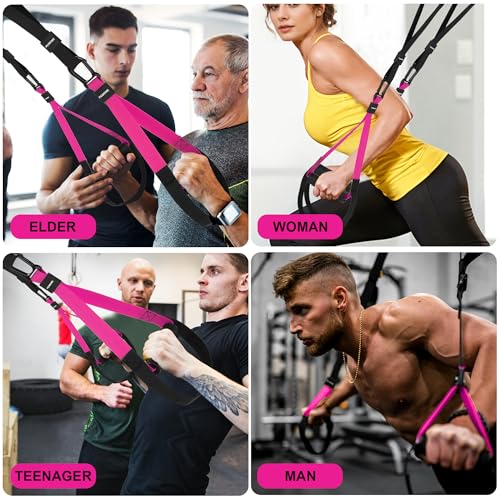 Home Resistance Training Kit | Full-Body Workout with Suspension Trainer Straps, Door Anchor, Handles, and Carrying Bag | Complete Home Gym Equipment (Pink) - Thumbnail 6