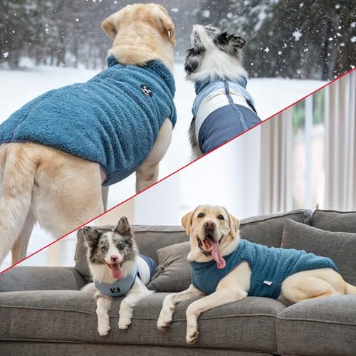 Arblina Hundemantel, Wasserdichter Wintermantel Hund mit Fleece-Futterung für Mittelgroße & Große Hunde, Zweiseitig Tragbarer Winterjacke Hund mit ReißVerschluss, Blau, XXL