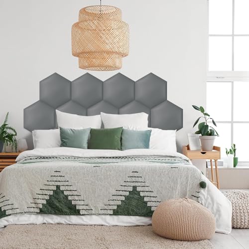 Paneles acolchados hexagonales gris oscuro 30x34.5cm autoadhesivos para cabecero de cama de dormitorio 4