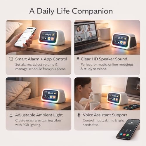 Image of AERYS AI Voice Assistant Smart Digital Alarm Clock with Wireless Bluetooth 5.4 Speaker & Dynamic RGB Light,HI-FI Stereo Sound,HD Large Touchscreen Display, Hand Free Calling,Weather Forecast (White)