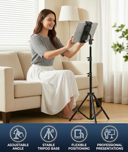 Image of Tab Stand Holder, Tablet Stand Floor Height Adjustable Tripod for Video Conferencing and Content Creation, Portable Tablet Holder with 55-120 cm Extendable Design