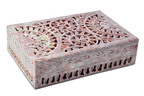 Hashcart Handmade Soapstone Jewelry Organizer - Beautiful Floral Design Box (6x4 inch) - Stone Jewelry Boxes