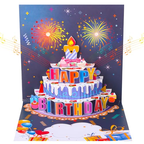 Radsocken Birthday Cards for Women, Musical 3D Pop up Happy Birthday Card with Light and Blowable LED Light Candle Happy Birthday Cards Greeting Card Birthday Gifts for Women Girls (Blue)