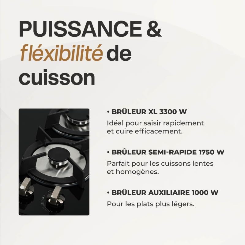 BELDEKO Plaque Gaz 3 Feux 5250W Grilles Fonte Verre Noir - Marque Française