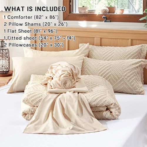 Image of Zzlpp Full Comforter Set 7 Pieces, Beige Tufted Bed in a Bag with Comforter and Sheets, All Season Boho Bedding Sets with 1 Comforter, 2 Pillow Shams, 2 Pillowcases, 1 Flat Sheet, 1 Fitted Sheet
