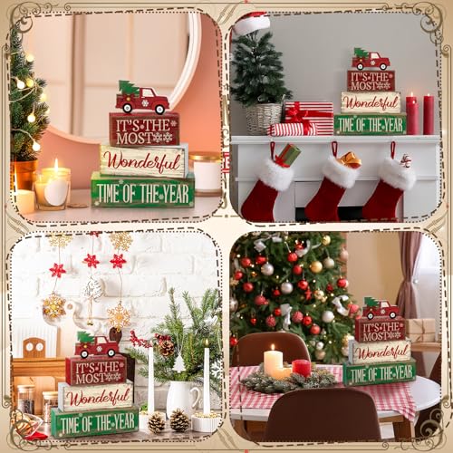 Image of Moucuny 4 Pcs Christmas Decor Wooden Red Truck Winter Tiered Tray Decor Rustic Merry Christmas Table Centerpiece Wood Red Truck Block Sign Gift Farmhouse for Home Kitchen Tabletop Office Shelf