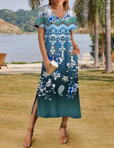Image of Zeagoo Women Summer Floral Dress Short Sleeve Beach Dress with Pockets Casual V-Neck Split Long T-Shirt Dress Travel Vacation