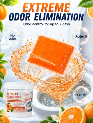 Image of Eazy2hD 50 Packs RV Toilet Treatment, Pre-measured Black Water Holding Tank Deodorizer - Breaks Down Waste & Paper, Drop Ins Porta Potty Chemicals, Prevent clogs & Eliminate Odor for Camper, Orange