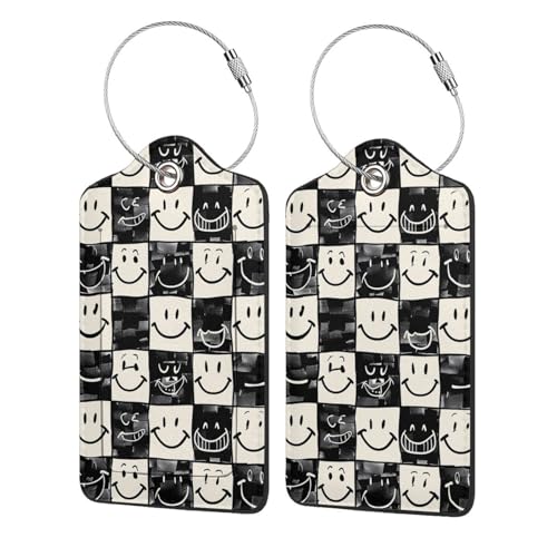 Checkered Pattern with Smiley Faces 2-Pack Leather Luggage Tag Set, Travel Luggage Tags with Privacy Id Label, Stainless Steel Ring and Address Card for Men and Women Travel