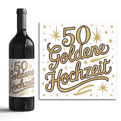 Flaschenetiketten-Set - 50 Jahre verheiratet - 6 Aufkleber selbstklebend - Hochzeits-Deko f&uuml;r Wein & Sekt (50 Goldene Hochzeit / 002, 10x10cm)