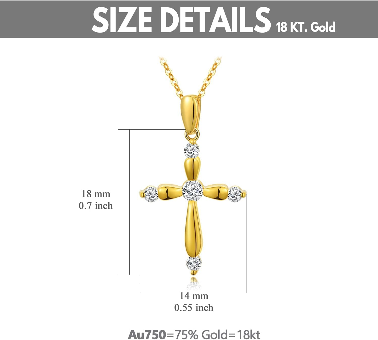 SISGEM 18K Solid Gold Cross Necklace for Women, Real Gold Shiny Crucifix Cross Pendant Religious Confirmation Baptism Jewelry Gifts for Her, Mom, Wife 18", Thickness 2.3mm