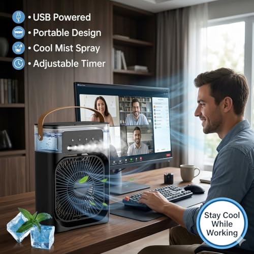 Image of Drumstone 𝟱 𝗬𝗲𝗮𝗿 𝗘𝘅𝗰𝗹𝘂𝘀𝗶𝘃𝗲 𝗪𝗮𝗿𝗿𝗮𝗻𝘁𝘆 Mini USB Air Cooler Fan with Ice Chamber | Rechargeable Battery Operated Personal Cooling Fan | Blower Air Cooler for Bedroom, Office