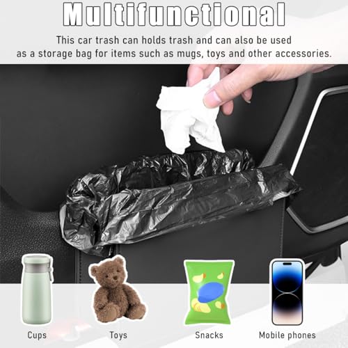 Image of Car Trash Can, Leather Foldable Seat Back Hanging Vehicle Wastebasket, Mini Multifunctional Automobile Organizer with One Roll Trash Bag, Universal Car Accessories (Black)