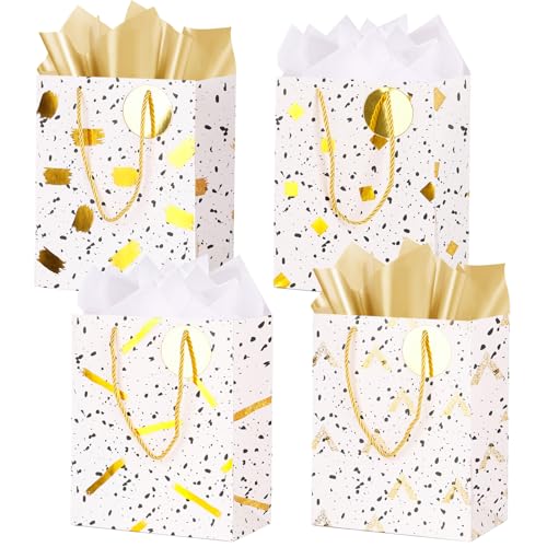 ZJHiome Medium Gift Bags 4 Pack 9 Gold Paper Bag with Tissue Paper Metallic Gift Bag for Graduation Birthday Anniversary Wedding Baby Shower(Gold)