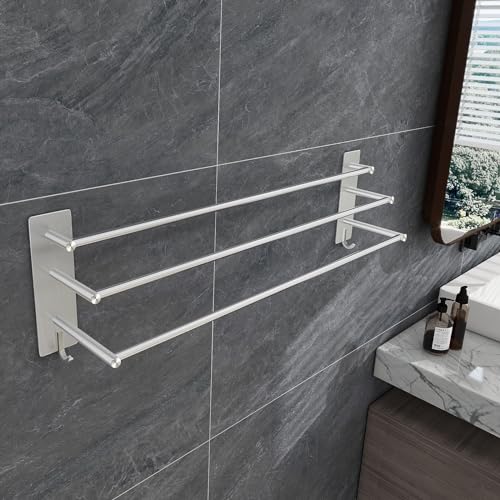 Vista SUS304 Handdoekenhouder, 3 stangen, zonder boren, 75 cm, roestvrij staal, zelfklevende handdoekhouder, zilver, badkamer, handdoekhouder met twee haken, voor keuken, badkamer, slaapkamer, zilver - Image 3