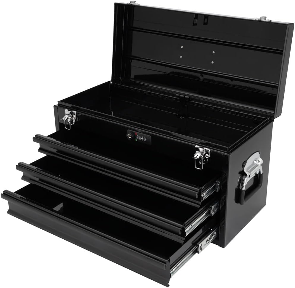 Tusk 3 Drawer Shop Tool Box with Resettable Combo Lock – Portable Metal Storage Box for Tools and Shop Organization