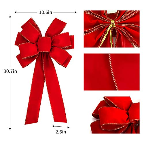 Iceyyyy 6 Pcs Large Christmas Bow - 30.7" X 10.6" Christmas Valentine's Day Golden Edged Red Velvet Wreath Bow Christmas Tree Topper Ornament Bow For Christmas Home Wreath Tree Decoration #TOP1