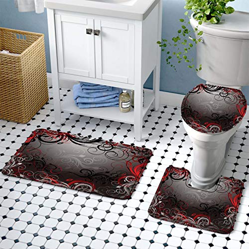Lnond Abstract Swirl Shower Curtain Sets With Rugs And Toilet Lid Cover And Bath Mat For Bathroom, Black Red Gold Floral Shower Curtain Sets With 12 Hooks, Waterproof Durable Bathroom Decor Set #TOP2