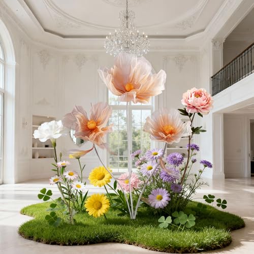 BEAMON ARTIFICIAL FLOWER Giant Flowers 3-Piece Set|67-Inch Tall Tulle Poppy