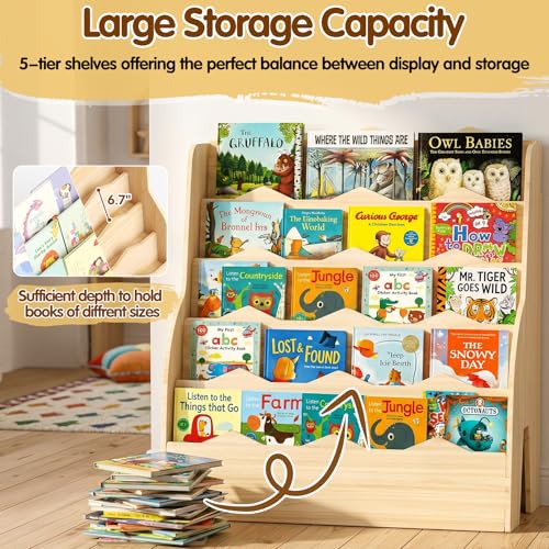Image of Kids Bookshelf Montessori Wooden Bookcase 5 Tier Front-Facing Organizer | Easy assembly; Montessori Front-Facing; 31.5 inch Kid-sized Height; Holds 80+ Books; Sturdy Construction; Easy Access Reading