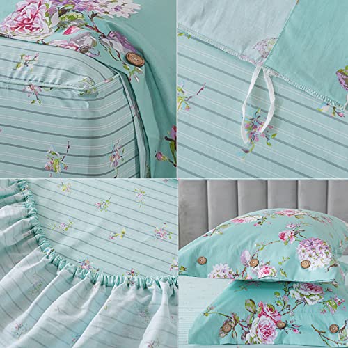 Fadfay Duvet Cover Set King/Cal King 4 Pcs Percal Cotton Purple Hydrangea Peony Floral Comforter Cover Button Closure Reversible Luxury Soft Blue Teal French Country Striped Deep Pocket Fitted Sheet #TOP5