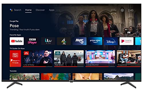 SHARP 4T-C50FN6KL2AB 50-Inch 4K Android Smart TV, Frameless UHD HDR with Google Assistant, HDMI 2.1 with eARC, Dolby Vision, Chromecast Built-in, Bluetooth, Freeview Play & Wireless Streaming – Black