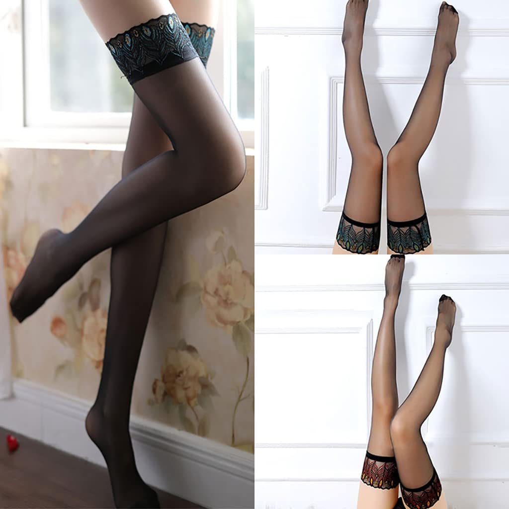 Calcetines de Seda para Mujer, sexys, ultrafinos, con Estampado de Pavo Real, Bordados, Transparentes, de Encaje, 2 Pares (Talla única Verde) (Talla única roja)