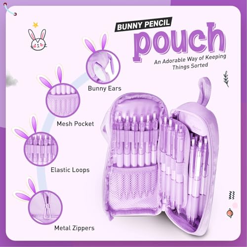 Image of DEOXY Polyester Large Capacity Pencil Pouch for Girls & Boys with 3 Zippers & 5 Compartments | Waterproof Aesthetic Cute Bunny Ears Standing Pencil Case for Kids, Multiutility Pouch (Purple /Lilac)