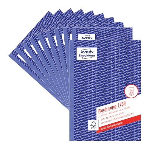 AVERY Zweckform 1733-10 Rechnung für Kleinunternehmer (A5, 2x40 Blatt, selbstdurchschreibend mit farbigem Durchschlag, ohne Ausweis von MwSt., nach Kleinunternehmerregelung) 10er-Pack, weiß/gelb