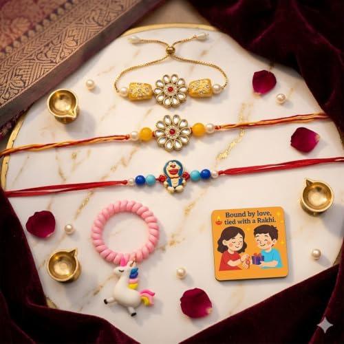 Image of SAUDEEP INDIA Decorative Fridge Magnet for Refrigerator Decor | Free Family Rakhi Set for Bhaiya Bhaiya Kid | Raksha Bandhan Gift Combo | Cotton Thread Rakhi Festive Home Decor(Yellow Stone)