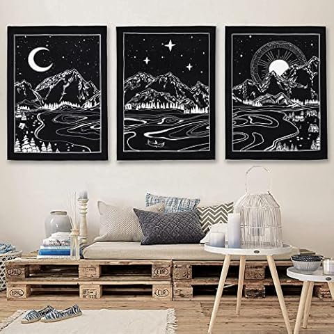 Lifeel 3Pack Sun and Moon and Star Landscape Tapestry Wall Hanging, Vertical Black and White Aesthetic Tapestries For Bedroom Home Wall decor 15×20 inch Cover