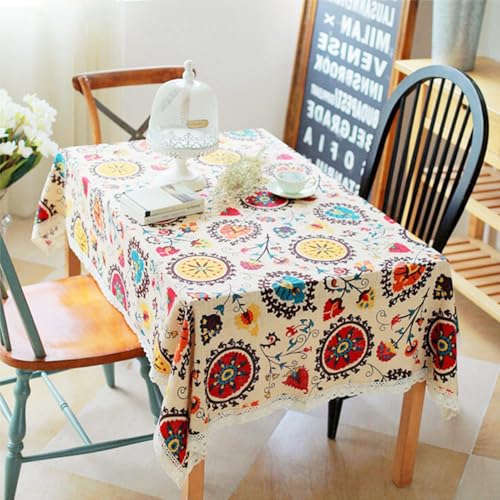 LeLehome 36 Inch x 36 Inch Cotton Fabric Boho Sunflowers Floral Square Tablecloth, Vintage Lace Linen Embroidered Washable Dinner Picnic Home Decor Table Cover