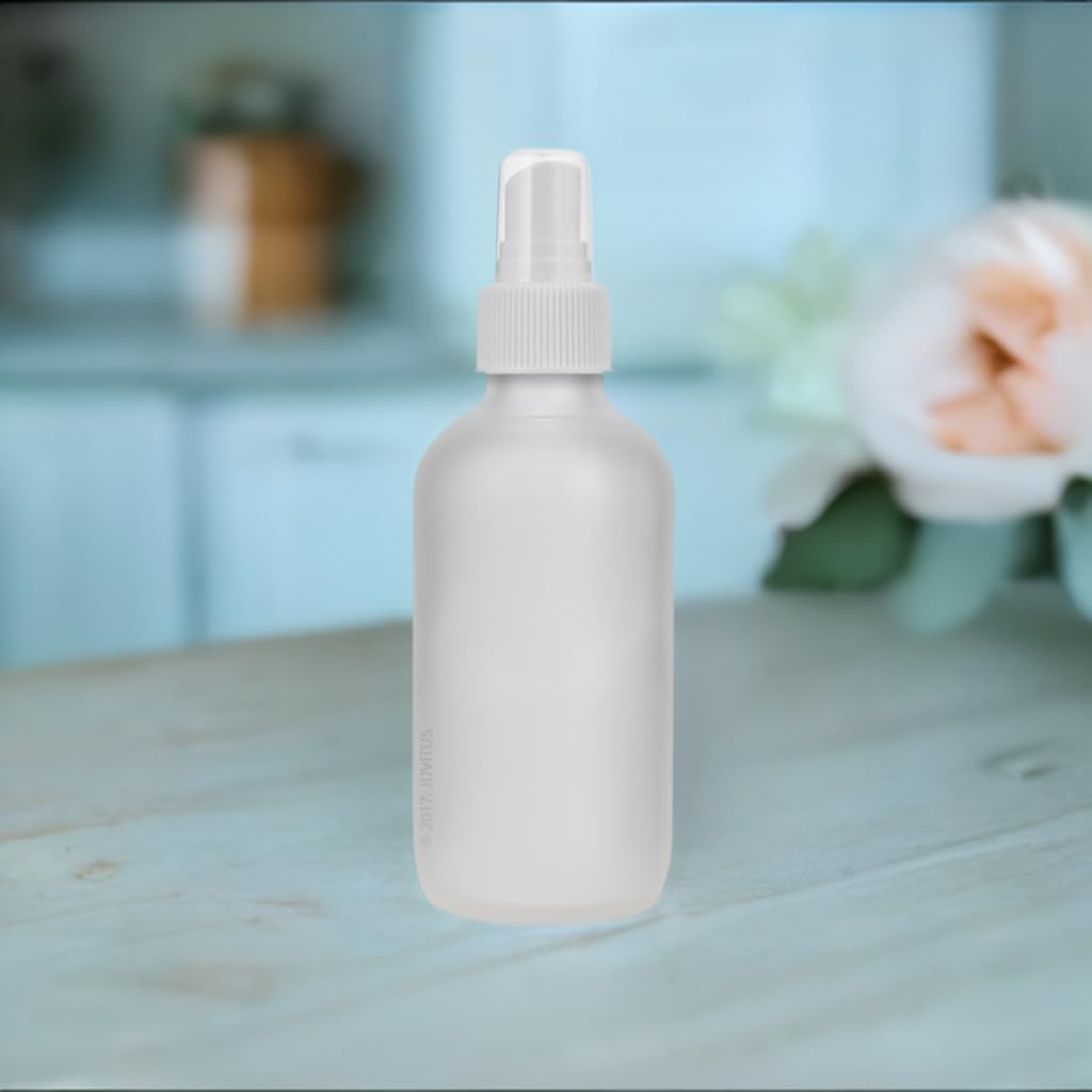JUVITUS 4 oz Frosted Clear Glass Boston Round Bottle with White Fine Mist Sprayer (6 Pack) + Funnel