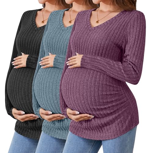 Ficerd 3 Pack Women's Maternity Shirts Ribbed Long Sleeve Pregnancy Tops V Neck Knit Side Ruched Pregnant Clothes Sweater
