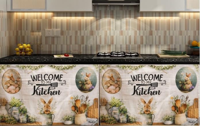 Image of Premium Printed Kitchen Sink Curtain | Washable & Dustproof Rod Pocket Counter Skirt | Perfect for Any Sink,Counter | Multicolor Cooking (Welcome to My Kitchen, Pack of 2)