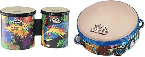 Remo KD-5400-01 Kids Percussion Bongo Drum - Fabric Rain Forest, 5"-6" & RH-2106-00 Rhythm Club Pandereta - Rhythm Kids, 6"