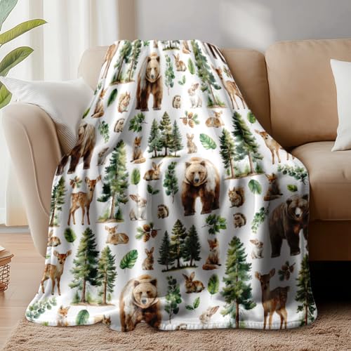 WADORN Couverture à Motif Animalier de Forêt, Couverture Douillette et Douce en Flanelle Polaire de Pin Ours Lapin Cerf pour Amoureux des Animaux pour Bureau...