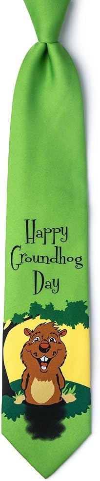 Wild Ties Green Microfiber Tie | Happy Groundhog Day Necktie