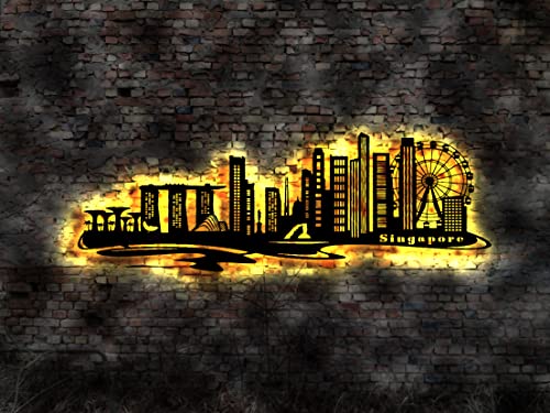 Skyline Singapore Tableau mural LED en bois carte d'Asie design épuré pour salon