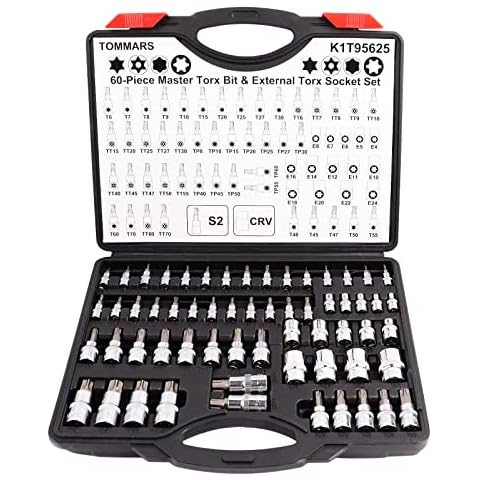 TOMMARS 60-Pc Master Torx Bit Socket and External Socket Set 1/4", 3/8", 1/2" Drive, S2 Steel Bits, CRV Sockets E4-E24, T6-T70,TT6-TT70,TP8-TP60 Cover